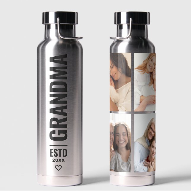 Simple Love Grandma Custom Date 4 Photo Water Bottle (Creator Uploaded)