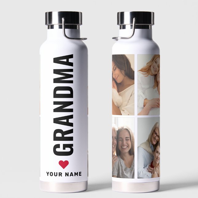 Simple Love Grandma Custom Name 4 Photo Collage  Water Bottle (Creator Uploaded)