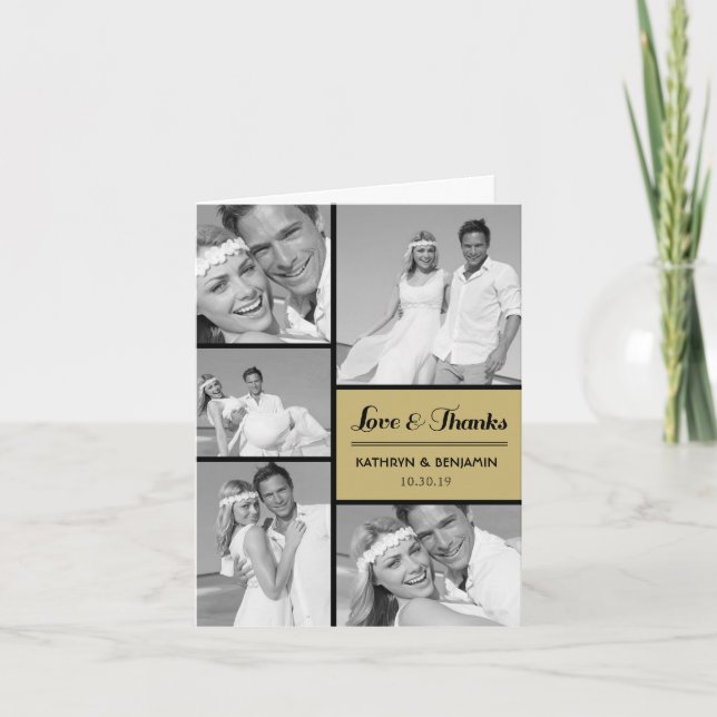Simple Love & Thanks 5 Multi Photo Modern Wedding Thank You Card (Front)