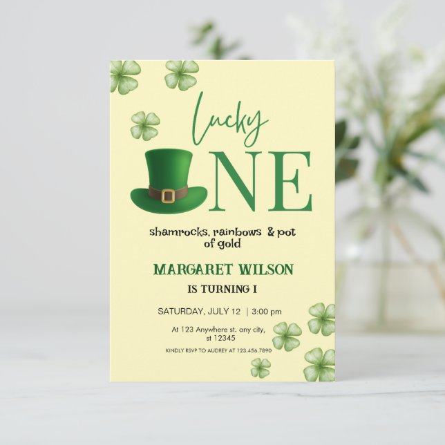Simple lucky one first birthday invitation (Standing Front)