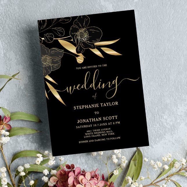 Simple luxury black gold floral elegant wedding  invitation (Simple luxury black gold floral elegant wedding)