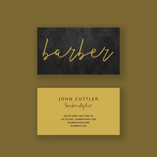 Simple luxury black leather barber gold typography business card (Creator Uploaded)