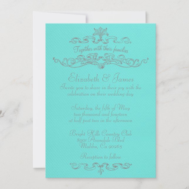 Simple Luxury Teal And Silver Wedding Invitations (Front)