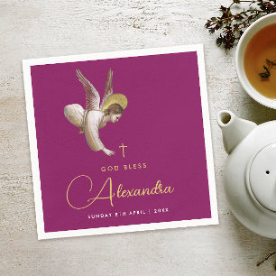 Simple Magenta Gold Angel Bless Religious Script Napkin