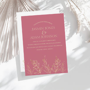 Simple Magenta Pink and Gold Leaves Wedding Invitation