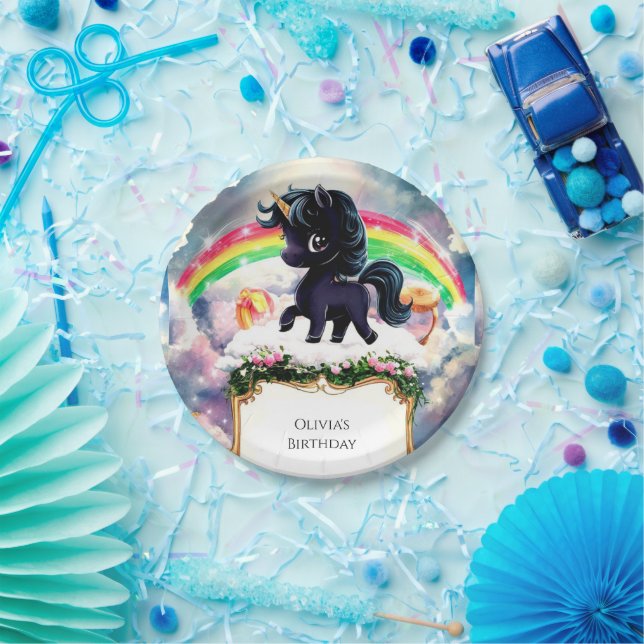 Simple Magical Black Unicorn Birthday Paper Plate (Party)