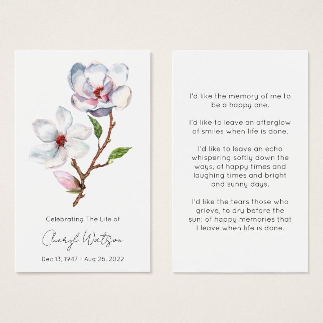 Simple Magnolia Funeral Memorial Prayer Card (Front & Back)