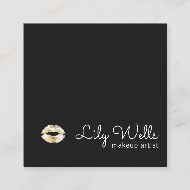 Simple Makeup Artist Gold Lips Black Square Square Business Card (Front)