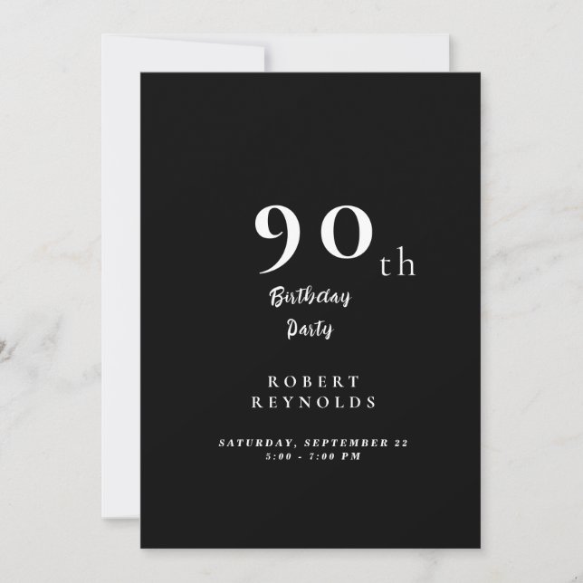 Simple Man's 90th Birthday Party Black Invitation (Front)