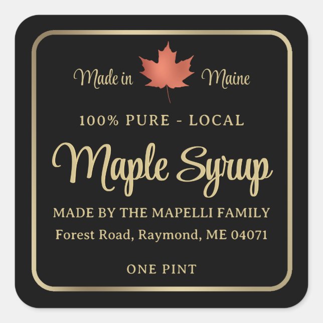 Simple Maple Syrup Label Red Leaf Gold Frame (Front)