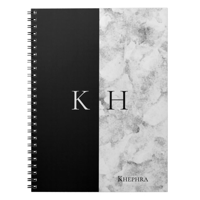 Simple Marble And Black Accent Monogram Name Notebook (Front)
