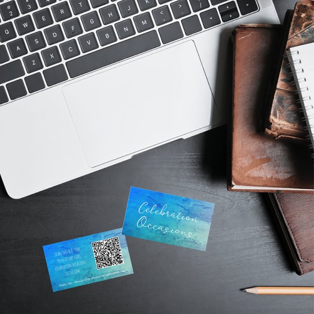 Simple Marble Effect Turquoise And Blue QR Code Business Card (Back And Front)