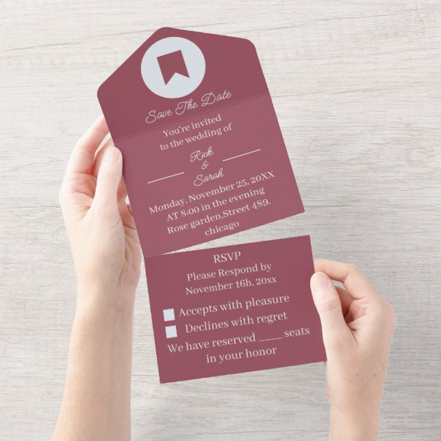Simple Maroon Customised Save The Date All In One Invitation (Tearaway)
