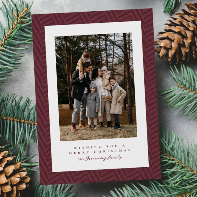 Simple maroon tweed frame Christmas photo Holiday Card (Creator Uploaded)