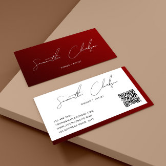 Simple Maroon White Handwritten Script QR code Business Card