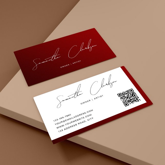 Simple Maroon White Handwritten Script QR code Business Card (Creator Uploaded)