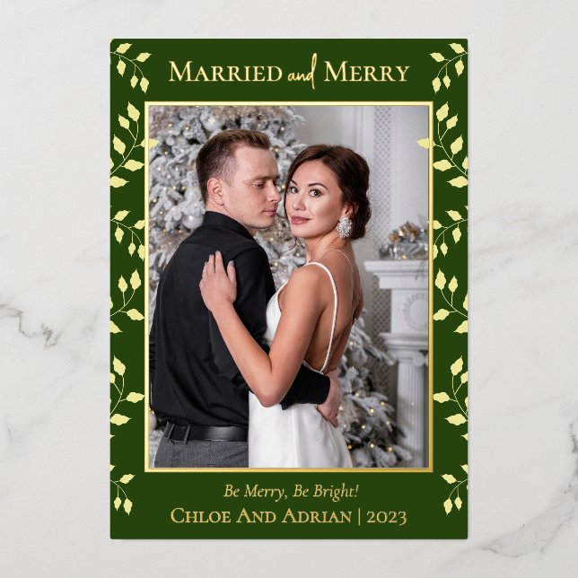 Simple Married and Merry Newlywed Christmas Photo Foil Holiday Card (Front)