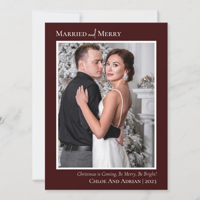 Simple Married and Merry Newlywed Christmas Photo Holiday Card (Front)
