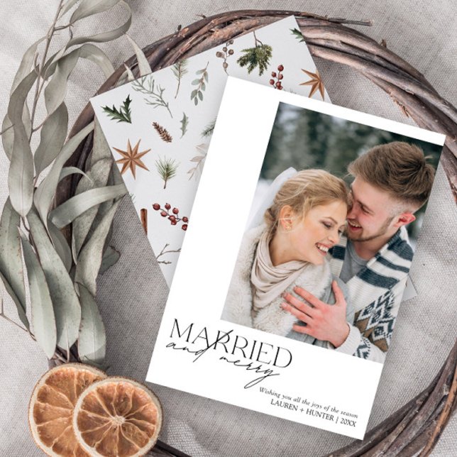 Simple Married and Merry Newlyweds Photo Holiday Card (Easily personalize this newlywed photo holiday card with your favorite image and deets)