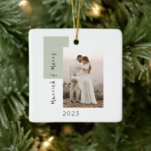 Simple Married and Merry Photo Newlywed sage Ceramic Ornament