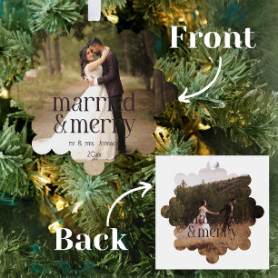 Simple Married & Merry Newlyweds Name Date Tree Decoration Card