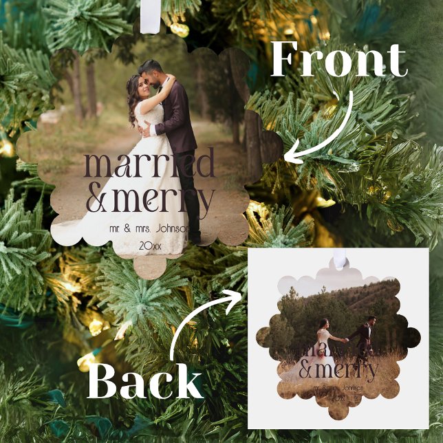 Simple Married & Merry Newlyweds Name Date Tree Decoration Card (Creator Uploaded)