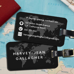 Simple Masculine Black and White World Map Travel Luggage Tag
