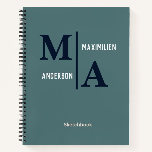 Simple Masculine Blue Monogram Personalised Sketch Notebook (Front)