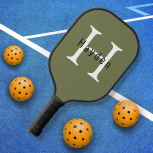 Simple Masculine Green Monogram Name + Initial Pickleball Paddle