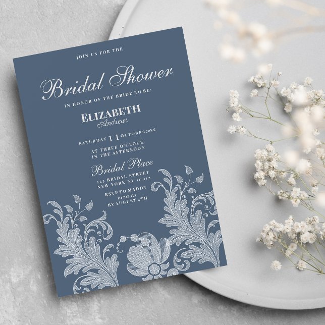 Simple mauve blue white floral lace Bridal Shower Invitation (Simple mauve blue white floral lace Bridal Shower)