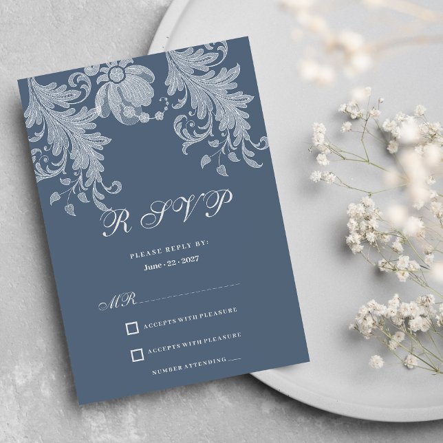 Simple mauve blue white floral lace RSVP  Invitation (Simple mauve blue white floral lace RSVP )