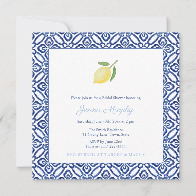 Simple Mediterranean Lemon Blue Tile Bridal Shower Invitation (Front)