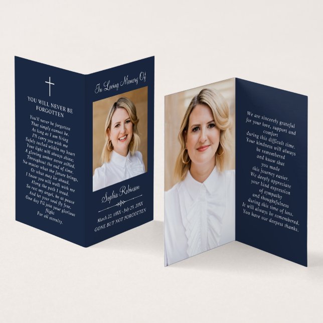 Simple Memorial 2 Photo Blue Folder Prayer Card (Inside and Outside)