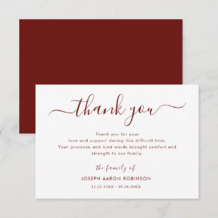 Simple Memorial Funeral Red Thank You Note Card