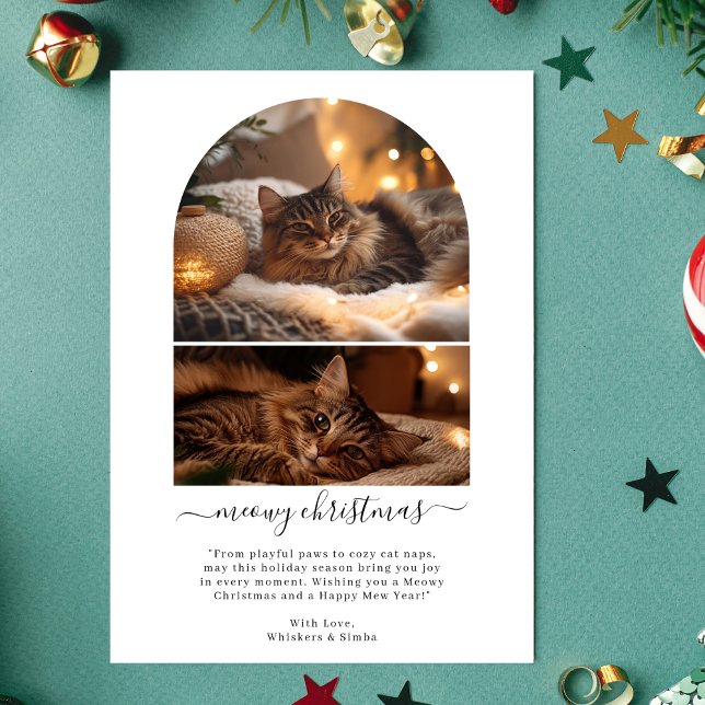Simple Meowy Merry Christmas Cute Cat Arch Photo Holiday Card (Creator Uploaded)