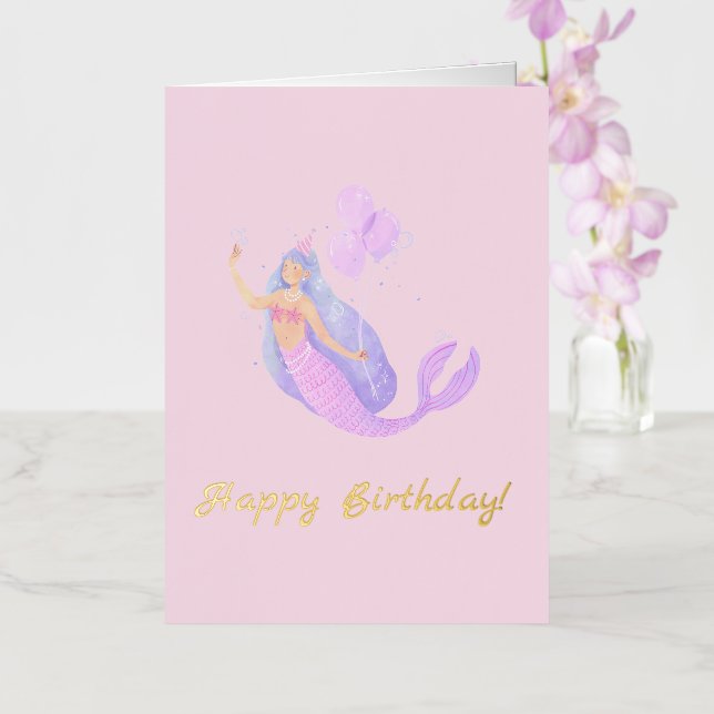 Simple Mermaid Birthday Pink Foil Greeting Card (Orchid)