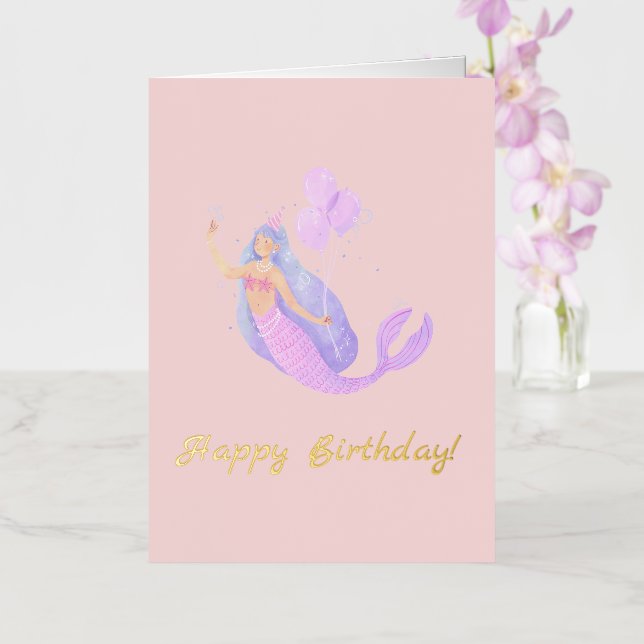Simple Mermaid Birthday Pink Peach Foil Greeting Card (Orchid)