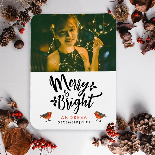 Simple Merry And Bright Christmas Robin Photo Typo Magnet (Creator Uploaded)