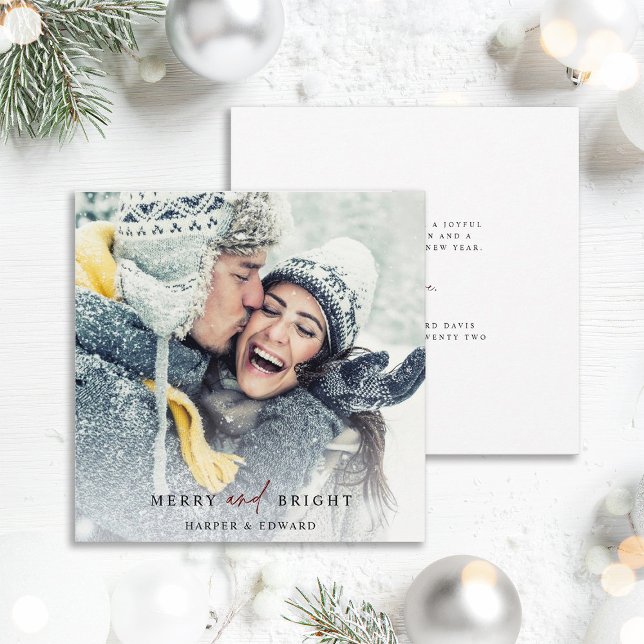Simple Merry and Bright Photo Square Holiday Card (Front & Back)