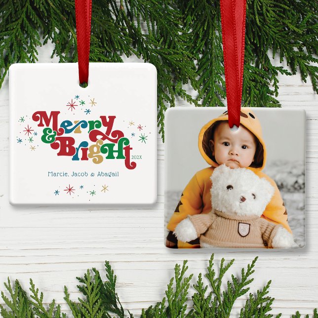 Simple Merry & Bright Photo Ceramic Ornament (Creator Uploaded)