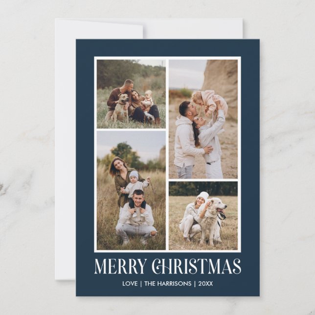 Simple Merry Christmas 4 Photo Collage | BLUE Holiday Card (Front)
