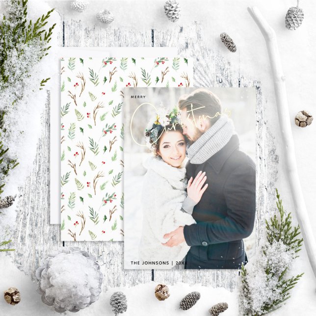 Simple Merry Christmas Forest Berry Wedding Photo Foil Holiday Card (Creator Uploaded)