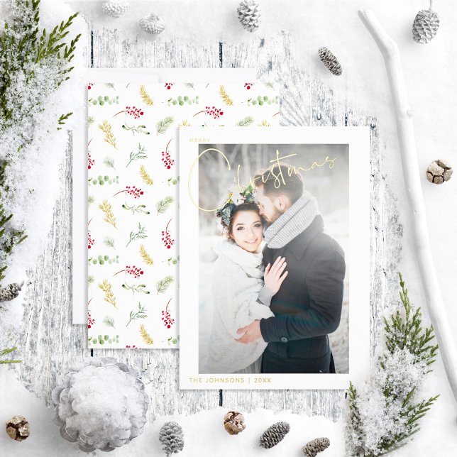 Simple Merry Christmas Gold Winter Wedding Photo Foil Holiday Card (Creator Uploaded)
