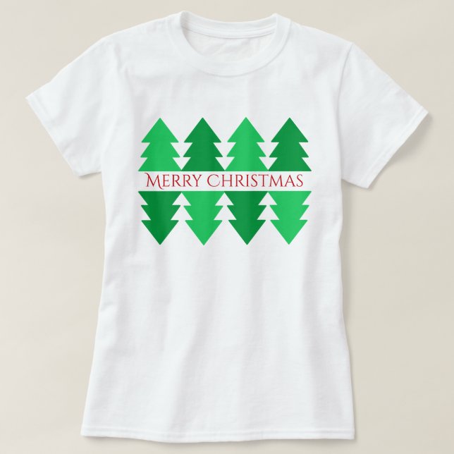 Simple Merry Christmas Green Tree Design White T-Shirt (Design Front)