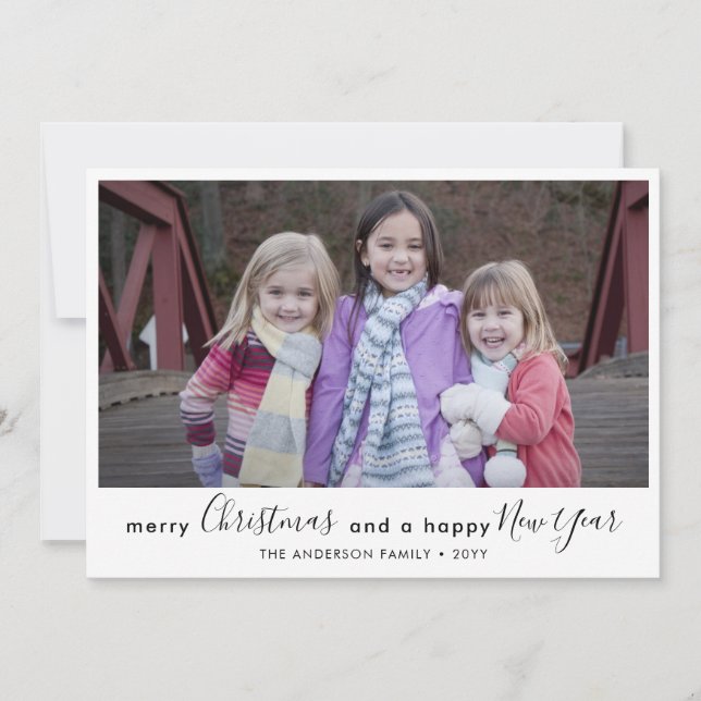 Simple Merry Christmas Happy New Year Script Photo Holiday Card (Front)