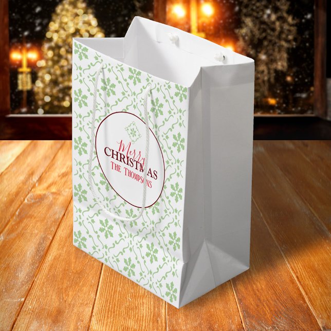 Simple Merry Christmas Holiday Snowflakes Medium Gift Bag (Merry Christmas holiday green and red snowflake pattern.)
