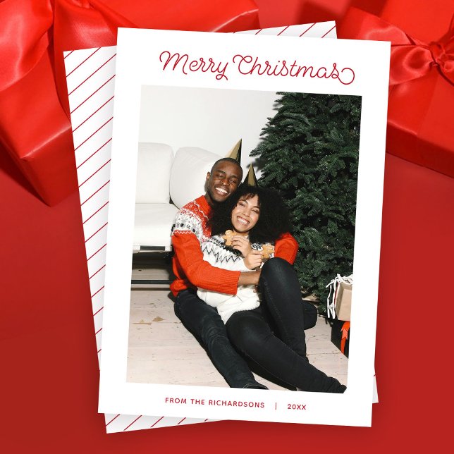 Simple Merry Christmas Modern Script Photo Holiday Card (Red script Merry Christmas Modern Minimalist Simple Holiday Photo Card)