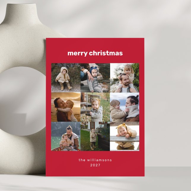 Simple Merry Christmas Multi Photo Grid Modern Red Holiday Card (Creator Uploaded)