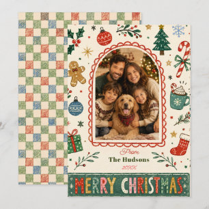 Simple merry christmas photo hand drawn doodles holiday card