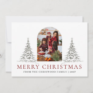 Simple Merry Christmas Pine Tree family photo Holiday Card